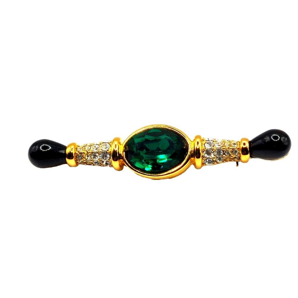 Signed Monet Brooch Green Glass Emerald Gold Black 80s Rhinestone Bar Brooch